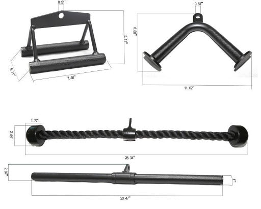 Gym; Home Gym; Garage Gym; Fitness; Attachments; Accessories; Exercise; Exercise Equipment; Cable Attachments; Straight Bar; D Row Handle Bar; V Shaped Tricep Bar; Tricep Rope